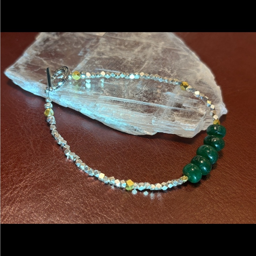 Genuine Emerald Rondelle & Silver Faceted Bead Bracelet Delicate Handmade - Picture 8 of 11